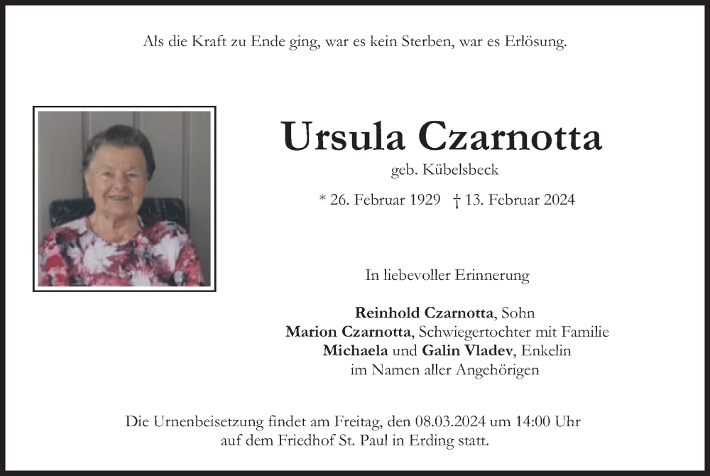  Traueranzeige für Ursula Czarnotta vom 02.03.2024 aus merkurtz