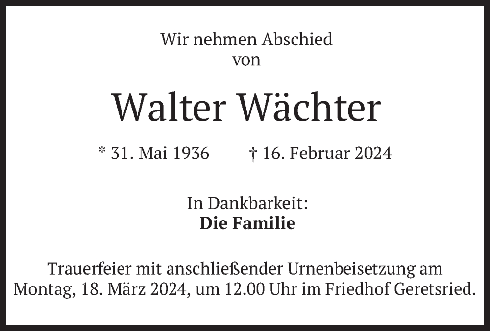  Traueranzeige für Walter Wächter vom 09.03.2024 aus merkurtz