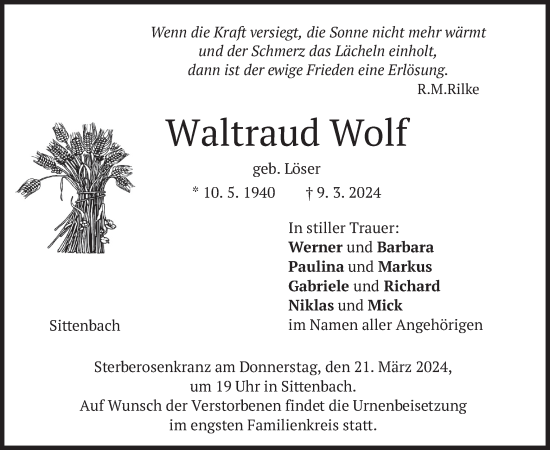 Traueranzeige von Waltraud Wolf von merkurtz