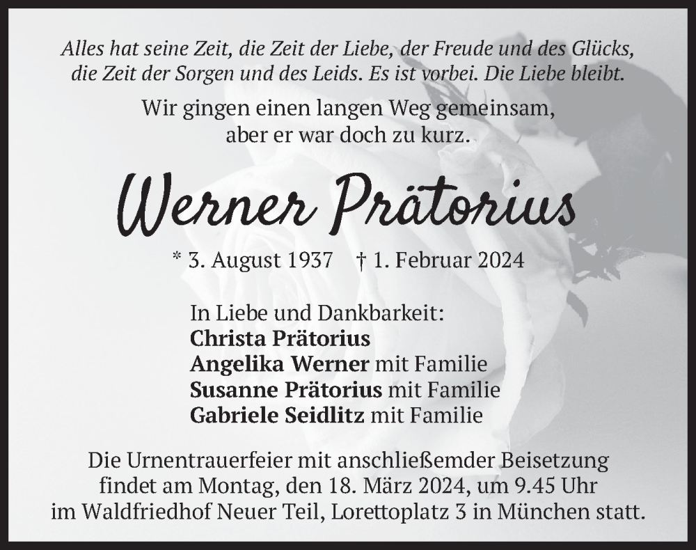  Traueranzeige für Werner Prätorius vom 09.03.2024 aus merkurtz