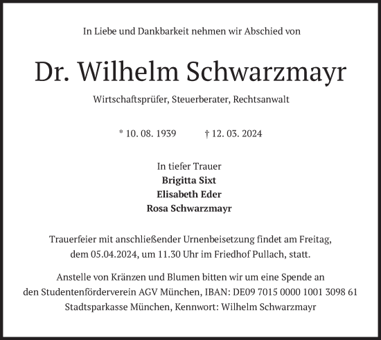 Traueranzeige von Wilhelm Schwarzmayr von merkurtz