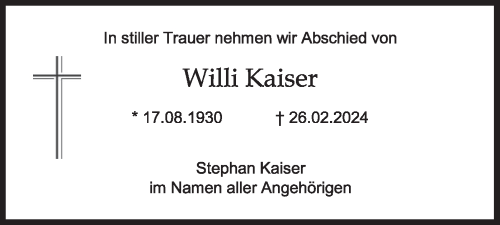  Traueranzeige für Willi Kaiser vom 02.03.2024 aus merkurtz