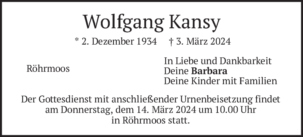  Traueranzeige für Wolfgang Kansy vom 09.03.2024 aus merkurtz