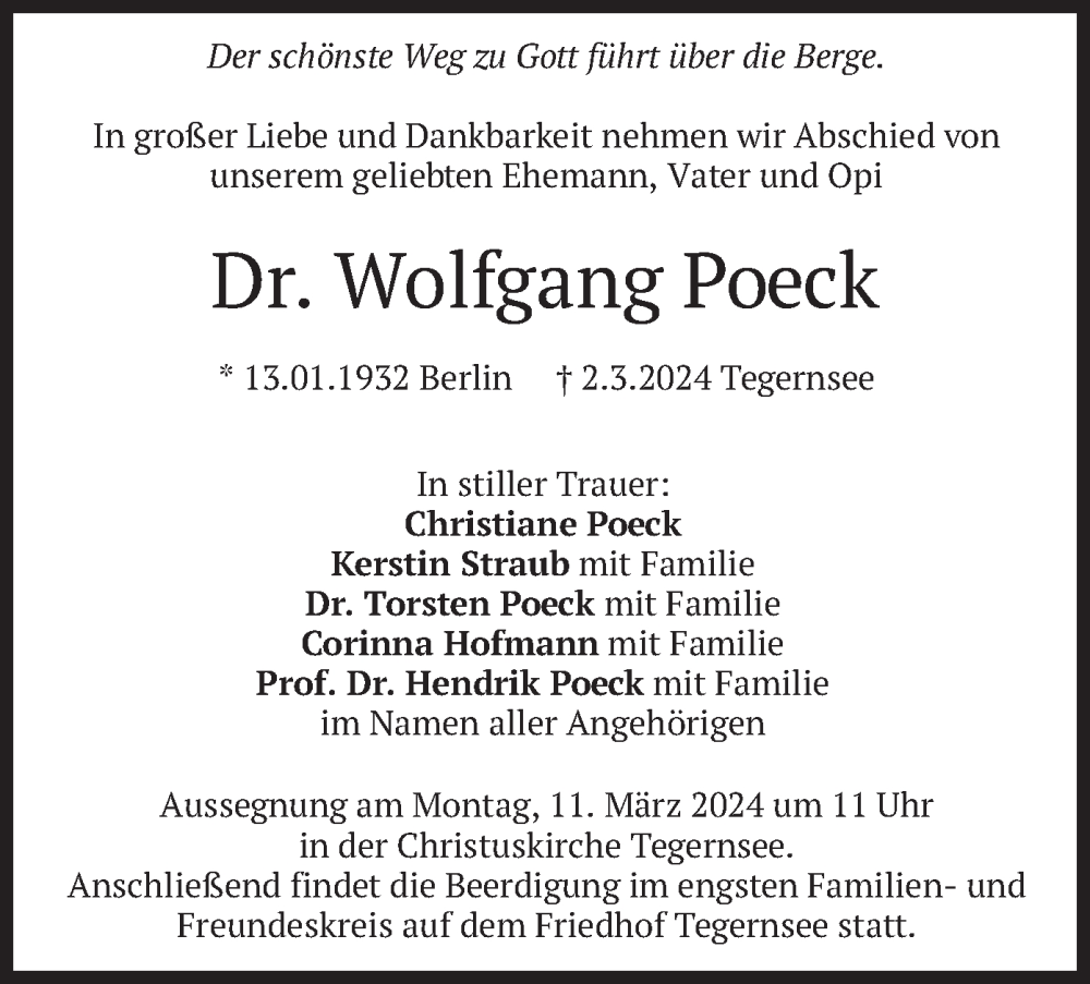  Traueranzeige für Dr. Wolfgang Poeck vom 06.03.2024 aus merkurtz