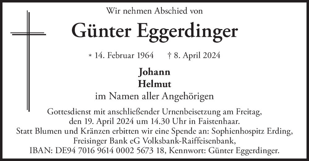  Traueranzeige für Günter Eggerdinger vom 13.04.2024 aus merkurtz