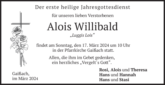 Traueranzeige von Alois Willibald von merkurtz