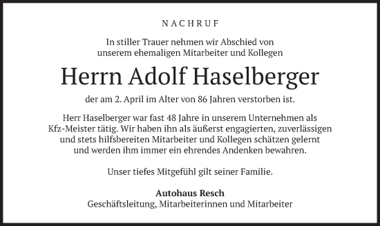 Traueranzeige von Adolf Haselberger von merkurtz