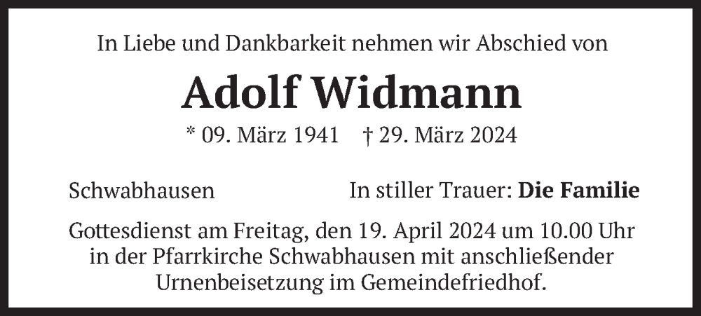  Traueranzeige für Adolf Widmann vom 16.04.2024 aus merkurtz