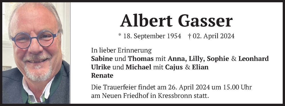  Traueranzeige für Albert Gasser vom 13.04.2024 aus merkurtz
