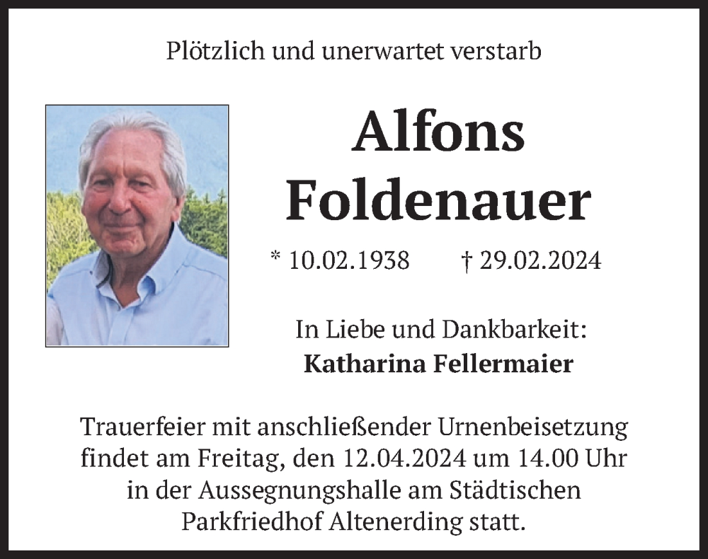  Traueranzeige für Alfons Foldenauer vom 06.04.2024 aus merkurtz