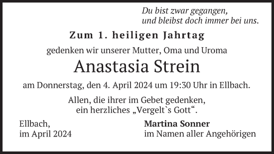 Traueranzeige von Anastasia Strein von merkurtz