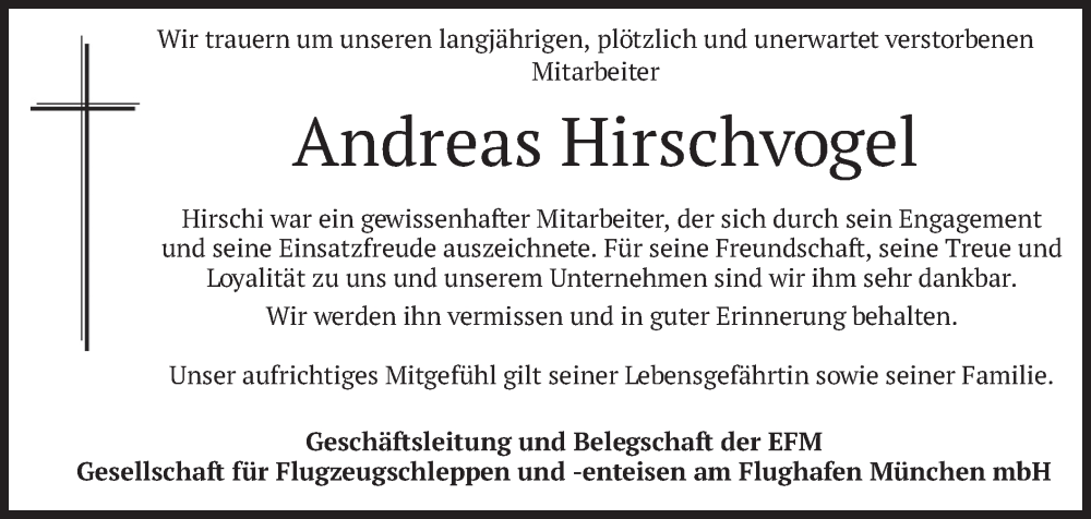  Traueranzeige für Andreas Hirschvogel vom 27.04.2024 aus merkurtz