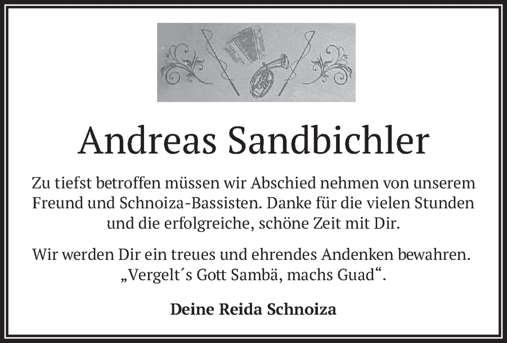  Traueranzeige für Andreas Sandbichler vom 03.04.2024 aus merkurtz