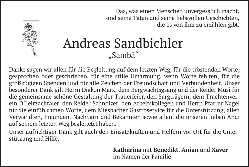 Traueranzeige für Andreas Sandbichler vom 13.04.2024 aus merkurtz
