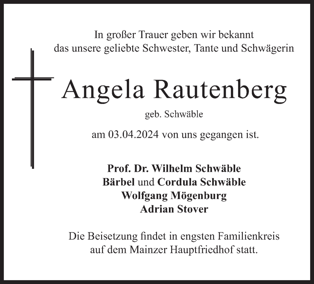  Traueranzeige für Angela Rautenberg vom 13.04.2024 aus merkurtz