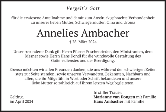 Traueranzeige von Annelies Ambacher von merkurtz