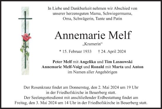 Traueranzeige von Annemarie Melf von merkurtz