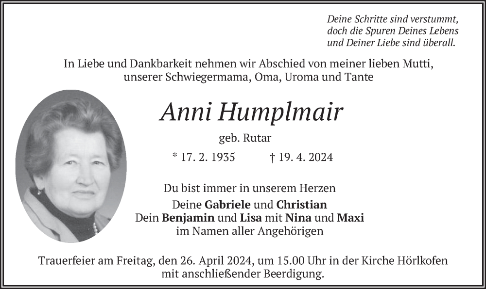  Traueranzeige für Anni Humplmair vom 24.04.2024 aus merkurtz
