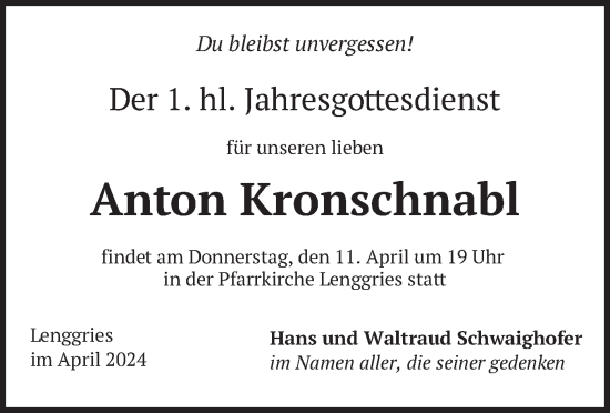 Traueranzeige von Anton Kronschnabl von merkurtz