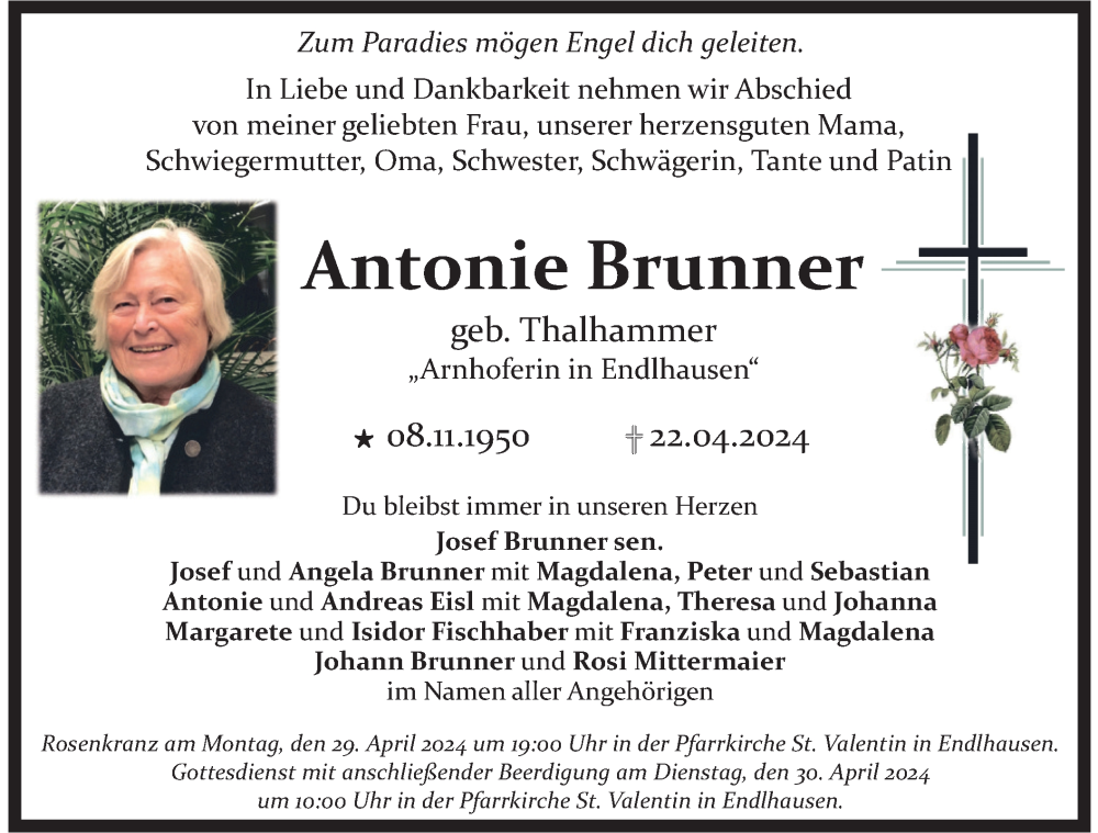  Traueranzeige für Antonie Brunner vom 27.04.2024 aus merkurtz