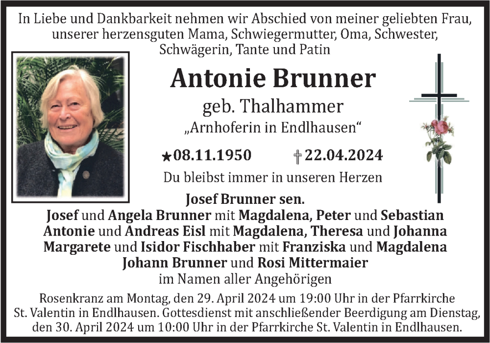  Traueranzeige für Antonie Brunner vom 27.04.2024 aus merkurtz