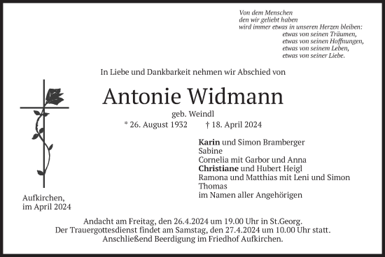 Traueranzeige von Antonie Widmann von merkurtz