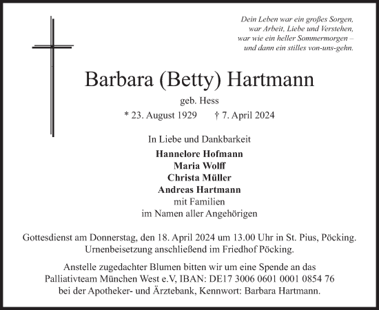 Traueranzeige von Barbara Hartmann von merkurtz