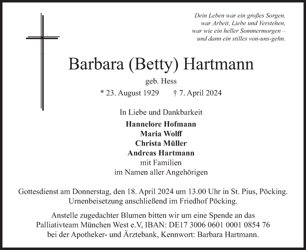  Traueranzeige für Barbara Hartmann vom 13.04.2024 aus merkurtz