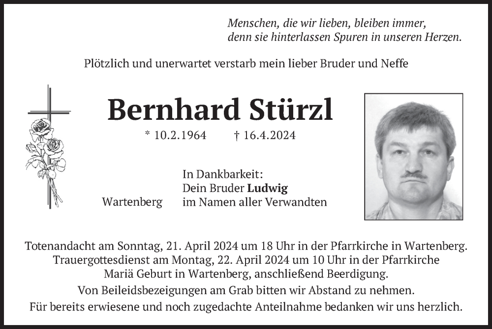  Traueranzeige für Bernhard Stürzl vom 18.04.2024 aus merkurtz