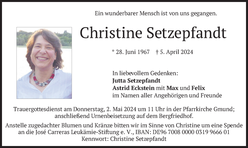  Traueranzeige für Christine Setzepfandt vom 27.04.2024 aus merkurtz