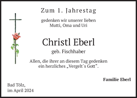 Traueranzeige von Christl Eberl von merkurtz