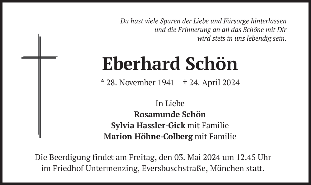  Traueranzeige für Eberhard Schön vom 27.04.2024 aus merkurtz