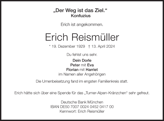 Traueranzeige von Erich Reismüller von merkurtz