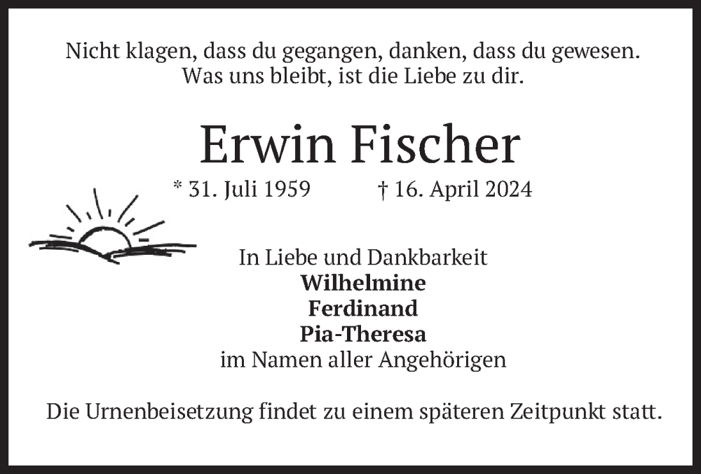 Traueranzeige für Erwin Fischer vom 27.04.2024 aus merkurtz