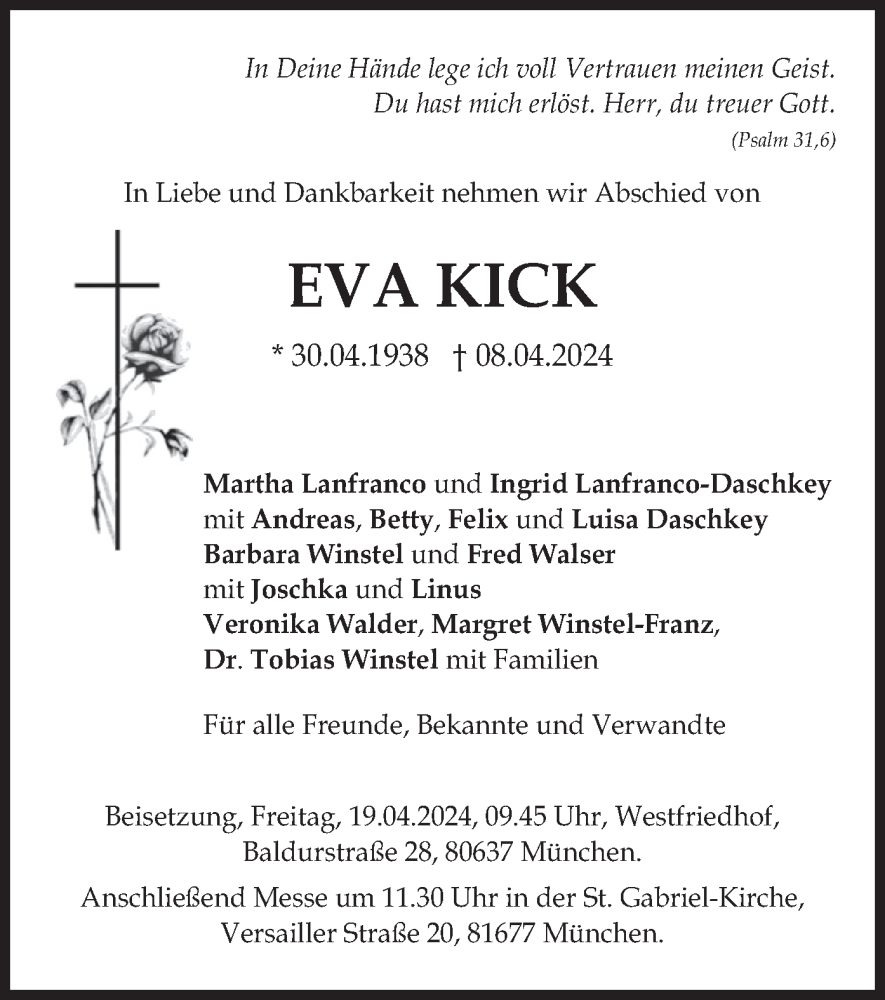 Traueranzeige für Eva Kick vom 13.04.2024 aus merkurtz