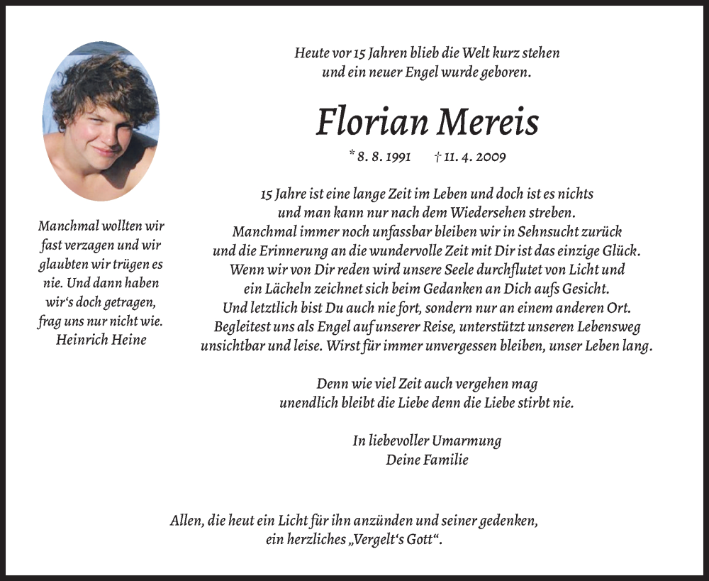  Traueranzeige für Florian Mereis vom 11.04.2024 aus merkurtz