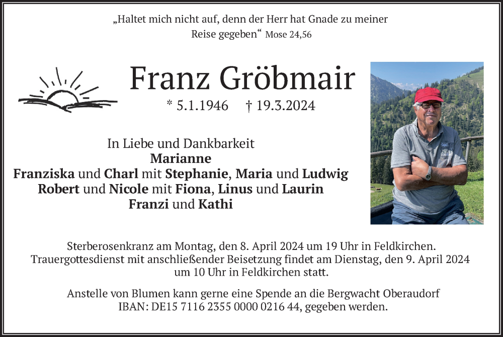  Traueranzeige für Franz Gröbmair vom 06.04.2024 aus merkurtz