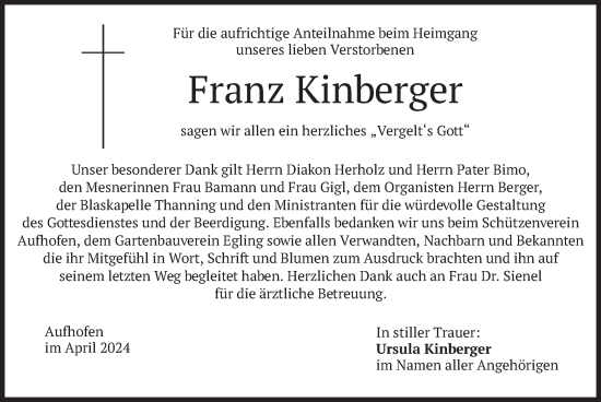 Traueranzeige von Franz Kinberger von merkurtz