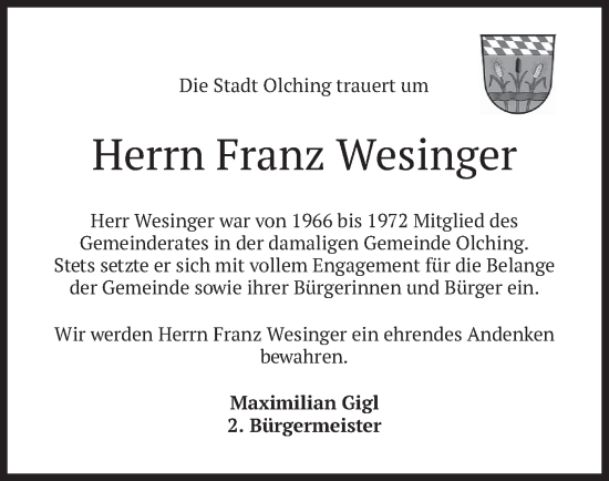 Traueranzeige von Franz Wesinger von merkurtz