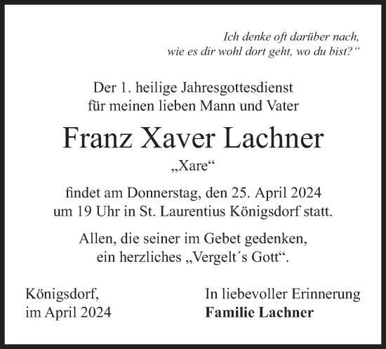 Traueranzeige von Franz Xaver Lachner von merkurtz