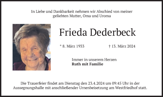 Traueranzeige von Frieda Dederbeck von merkurtz
