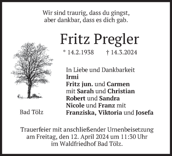 Traueranzeige von Fritz Pregler von merkurtz