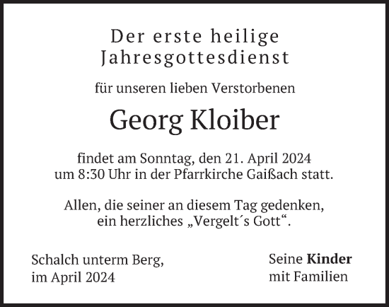 Traueranzeige von Georg Kloiber von merkurtz