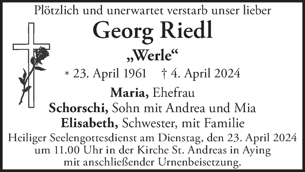  Traueranzeige für Georg Riedl vom 20.04.2024 aus merkurtz
