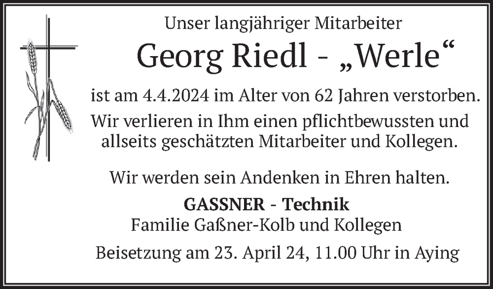  Traueranzeige für Georg Riedl vom 23.04.2024 aus merkurtz
