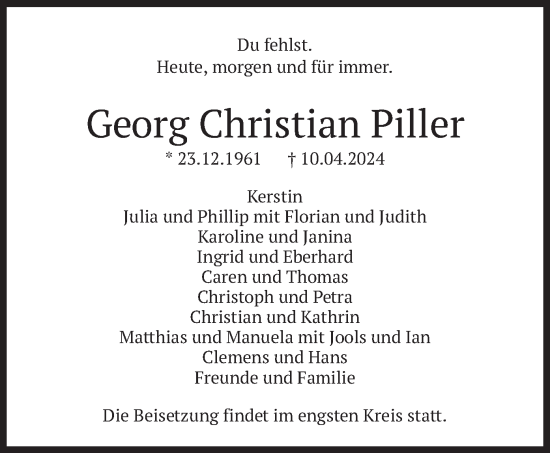 Traueranzeige von Georg Christian Piller von merkurtz