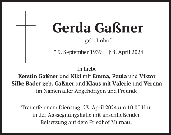 Traueranzeige von Gerda Gaßner von merkurtz