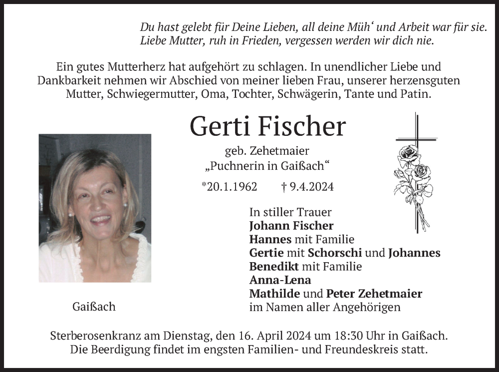  Traueranzeige für Gerti Fischer vom 15.04.2024 aus merkurtz