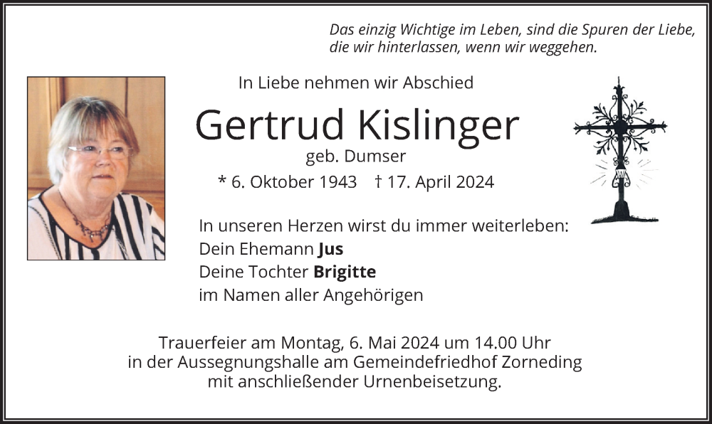  Traueranzeige für GErtrud Kislinger vom 30.04.2024 aus merkurtz