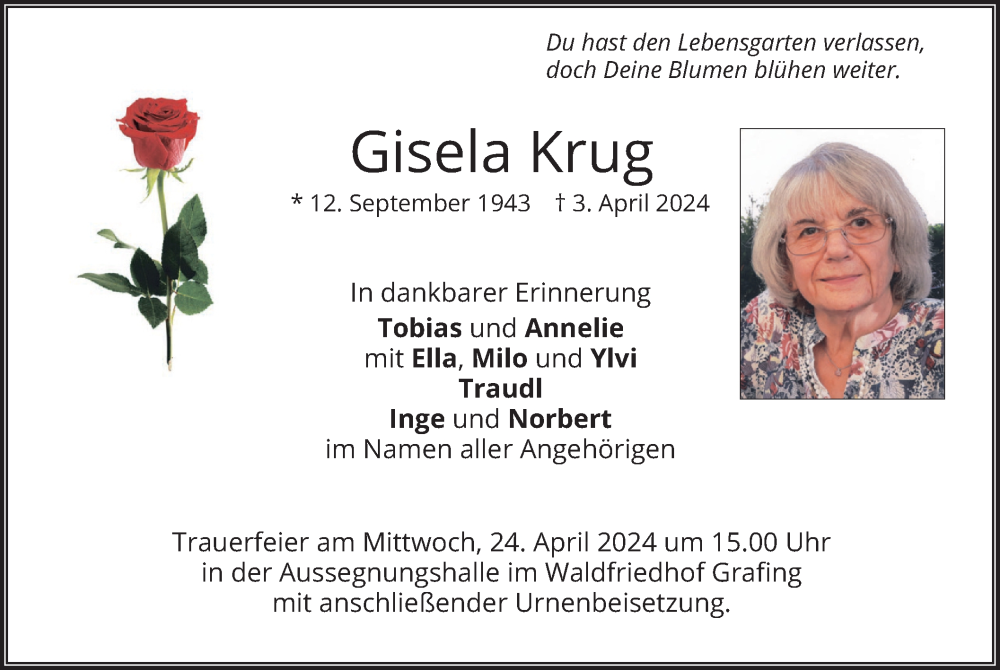  Traueranzeige für Gisela Krug vom 13.04.2024 aus merkurtz